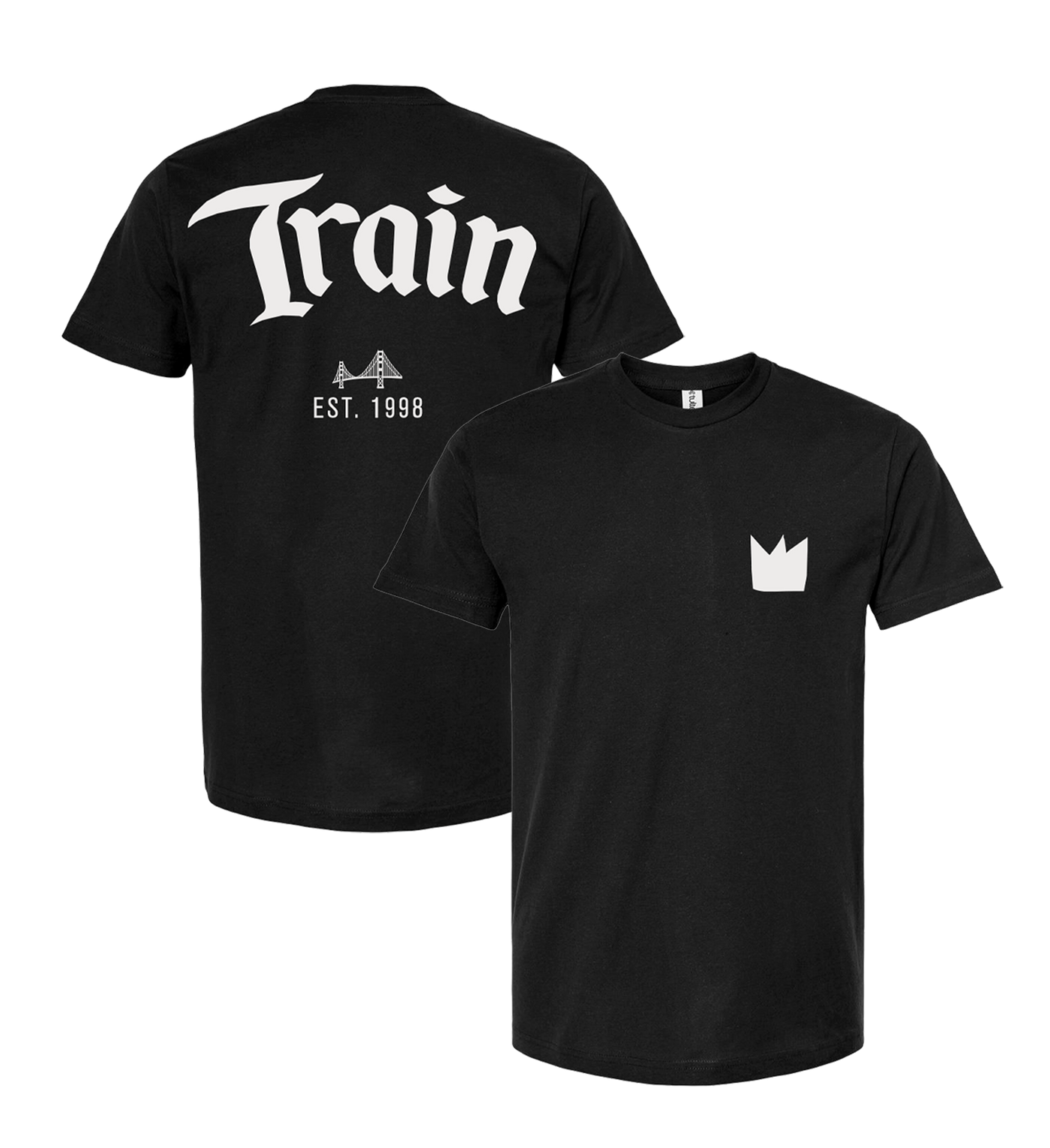 Black t-shirt with ’Train’ text and logo designs on front and back.