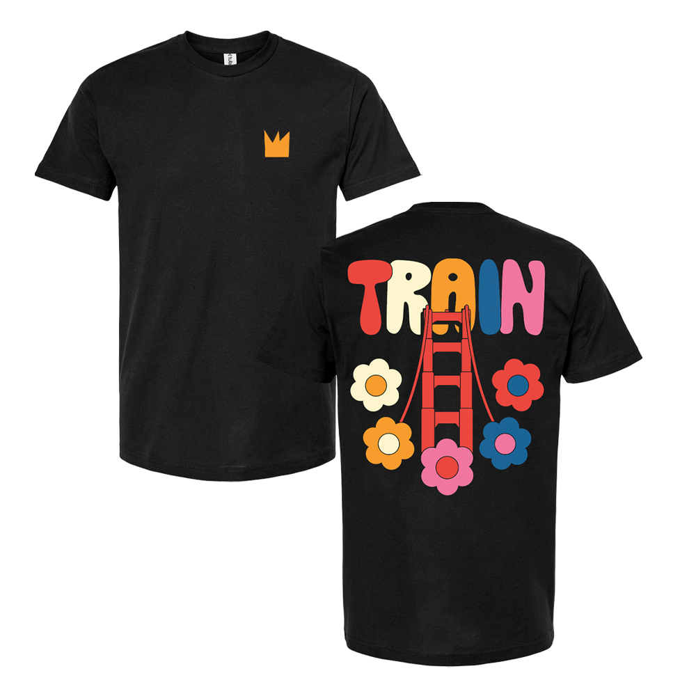 Black t-shirt with colorful ’TRAIN’ design and flower graphics on the back.