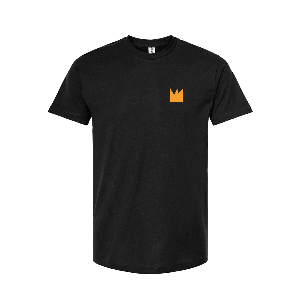 Black t-shirt with a small orange crown logo on the chest.