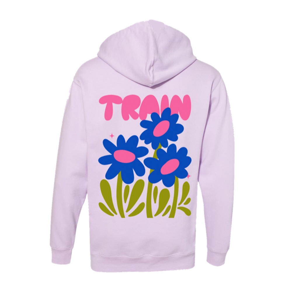 Lavender hoodie with ’TRAIN’ text and blue flower designs on the back.