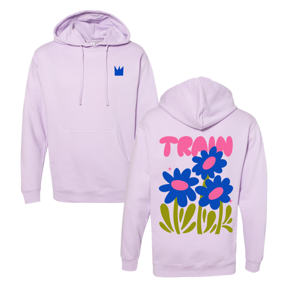 Lavender hoodie with a floral design and ’TRAIN’ text on the back.