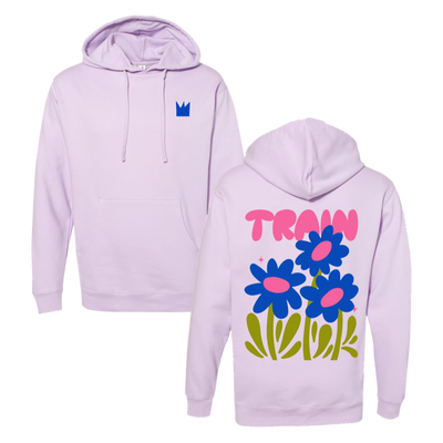 Lavender hoodie with a floral design and ’TRAIN’ text on the back.