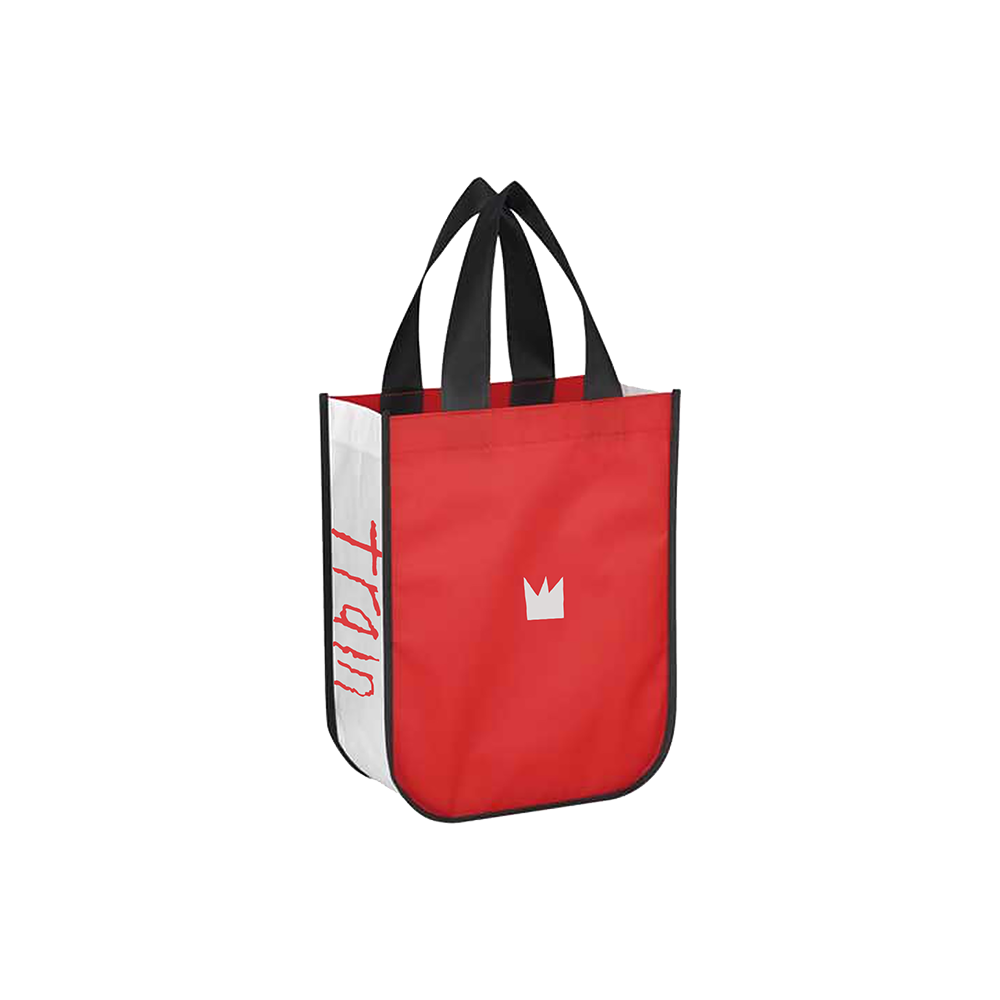 Red tote bag with black handles and a white crown logo.