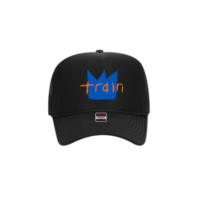 Black baseball cap with a blue crown logo and orange ’train’ text on the front.