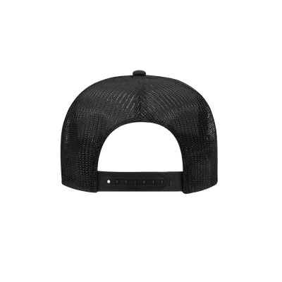 Black mesh trucker-style baseball cap with a snapback closure.