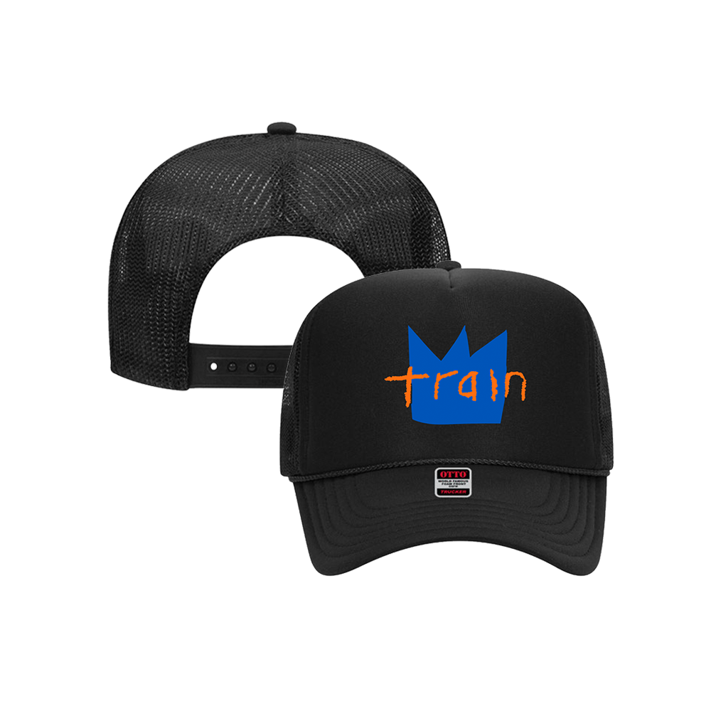 Black trucker hat with a blue crown logo and ’train’ text on the front.