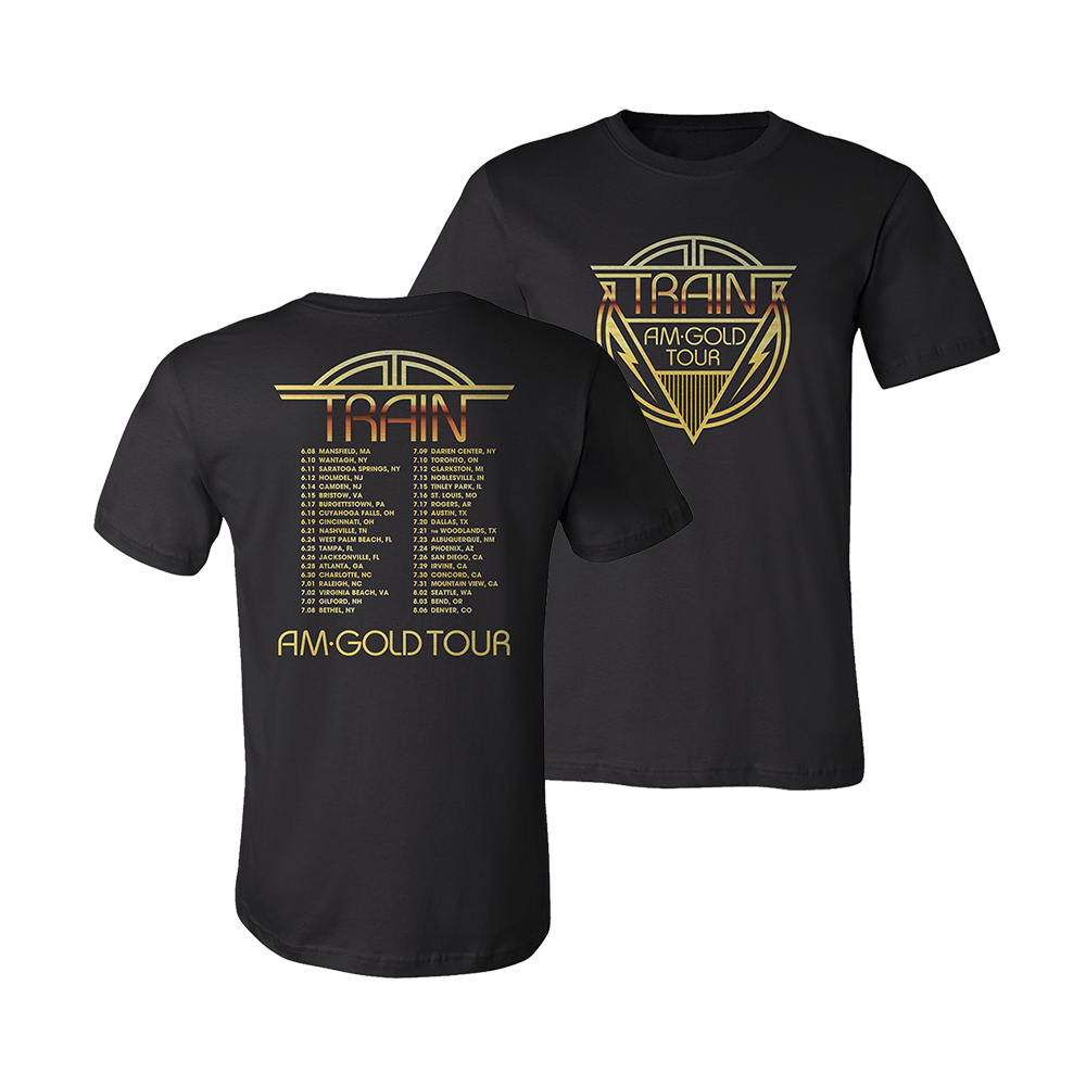 Two black t-shirts with gold Train ’AM Gold Tour’ designs, one showing tour dates and the other featuring a logo.