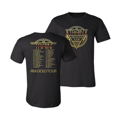 Two black t-shirts with gold Train ’AM Gold Tour’ designs, one showing tour dates and the other featuring a logo.