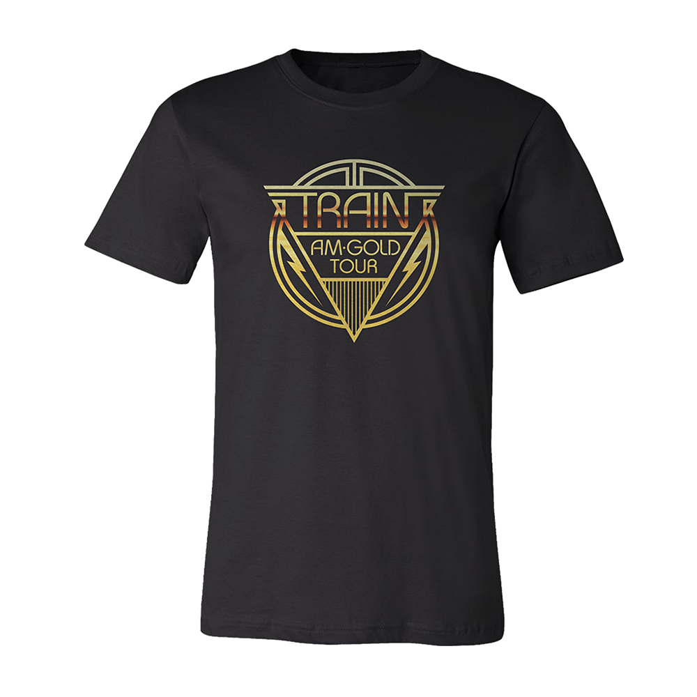 Black t-shirt with a gold geometric logo design for ’Train AM Gold Tour’.