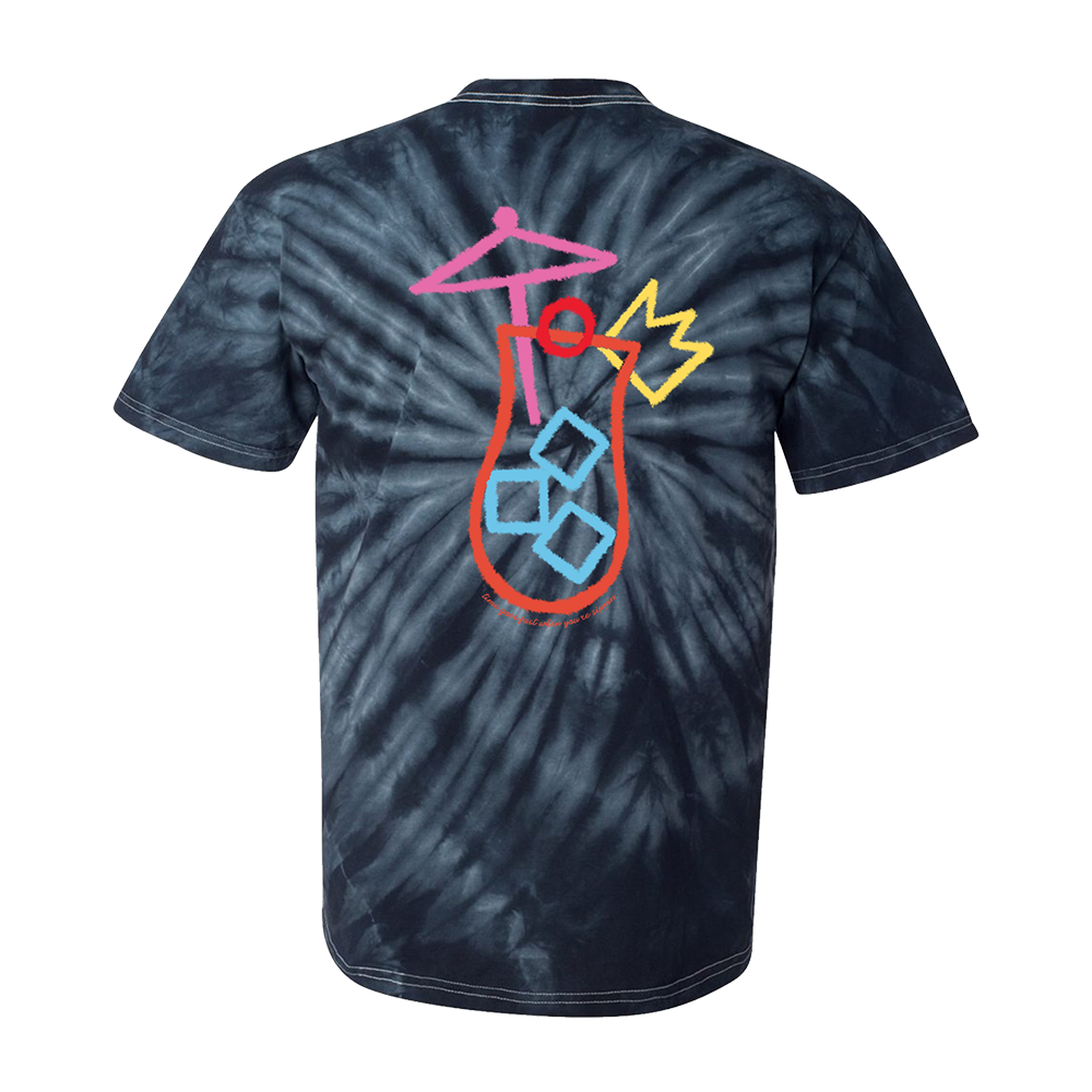 Tie-dye t-shirt with a colorful abstract cocktail design on the back.
