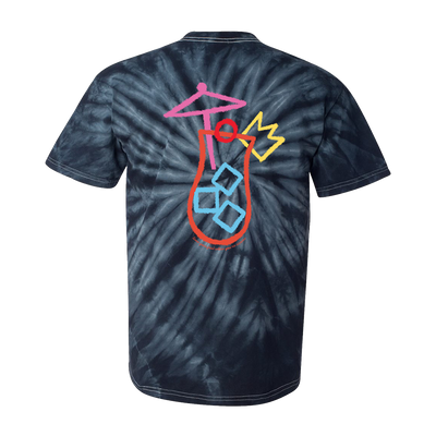 Tie-dye t-shirt with a colorful abstract cocktail design on the back.