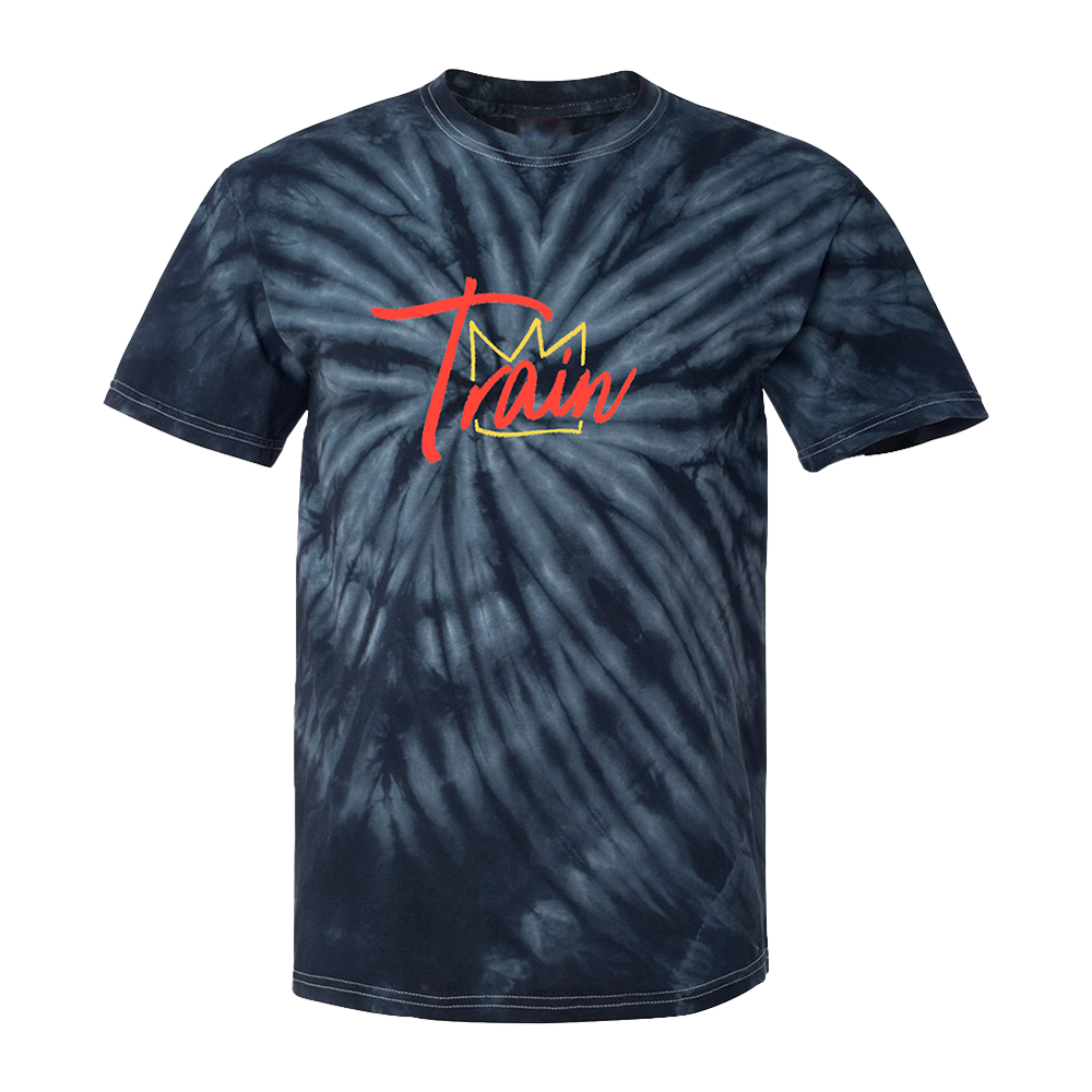 Tie-dye t-shirt with colorful ’Trauw’ logo printed on the front.