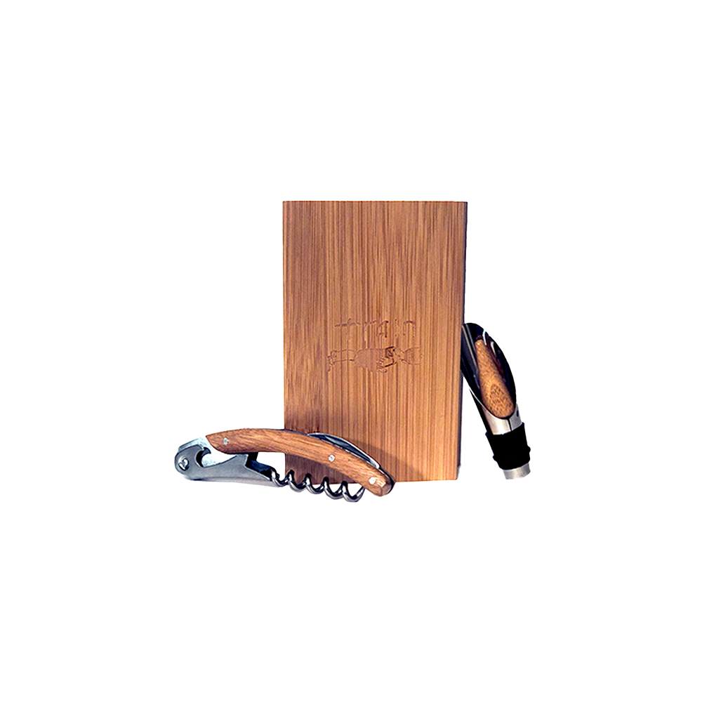 Wooden cutting board or serving board with wine accessories.