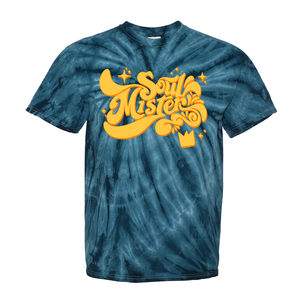 Tie-dye t-shirt with yellow ’Soul Mister’ text design on the front.