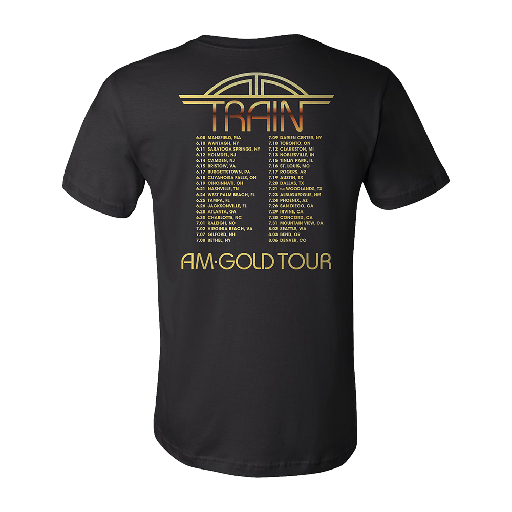 Black t-shirt with gold text displaying Train’s ’AM Gold Tour’ and tour dates.
