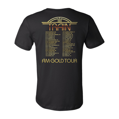 Black t-shirt with gold text displaying Train’s ’AM Gold Tour’ and tour dates.