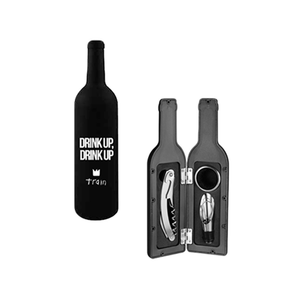 Wine bottle-shaped container with wine accessories inside.